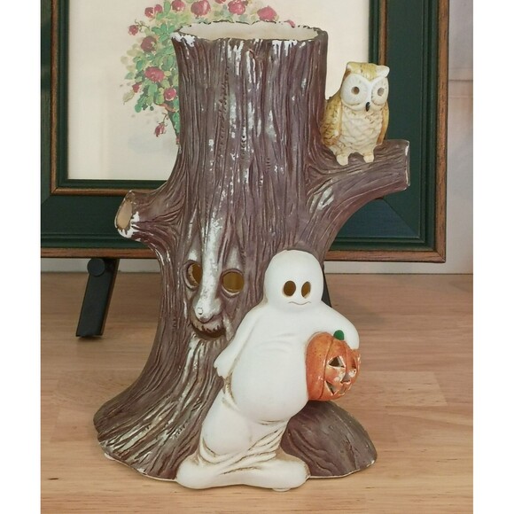 Other - Vintage Ceramic Hand Painted Spooky Tree With Owl & Ghost Holding a Pumpkin Fig